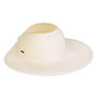 Three-quarter view of a white woven sun visor featuring a wide, circular brim and a textured crown band.