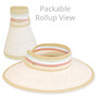 Dual view of a white woven sun visor showing it flat and in a packable rollup configuration for travel.