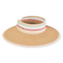 Three-quarter view of a tan woven sun visor featuring a wide brim and a multi-colored striped crown band with a bow.