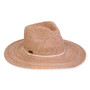 Three-quarter view of a tan woven straw hat featuring a teardrop crown, thin cord band, and a floppy wide brim.