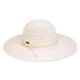 Front view of a white straw sun hat featuring a decorative open-weave crown, thin cord band, and wide brim.
