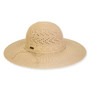 Front view of a tan straw sun hat featuring a decorative open-weave crown, thin cord band, and wide brim.
