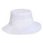 Three-quarter view of a white wide-brim sun hat featuring textured canvas fabric, topstitching details, and ventilation eyelets.