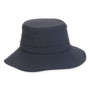 Three-quarter view of a navy blue wide-brim sun hat featuring textured canvas fabric, topstitching details, and ventilation eyelets.