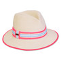 Front view of light woven straw sun hat featuring medium brim, structured crown, pastel blue‑pink‑white striped band, and bright pink brim edge.