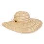 Front view of light woven straw sun hat featuring wide brim, rounded crown, concentric weave pattern, and small rectangular side tag accent.