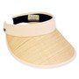 Three-quarter view of a cream sun visor featuring a natural woven brim with cream piping and internal brand labeling.