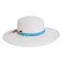 Three-quarter view of a white woven straw sun hat featuring a turquoise beaded band with tan tassel accents.