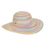 Three-quarter view of a wide-brimmed sun hat featuring vibrant horizontal stripes in orange, blue, and yellow with a rounded crown.