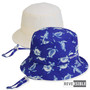 Three-quarter view of a reversible kids' bucket hat featuring a blue sea turtle print side and a solid white side.
