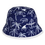 Three-quarter view of a navy blue bucket hat featuring white line-art prints of palm trees, waves, surfboards, and sharks.