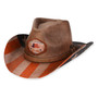 Composite view of a brown straw western hat showing a Guy Harvey patch, flag-patterned underbrim, and textured woven crown.