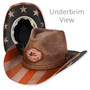 Composite view of a brown straw western hat showing a Guy Harvey patch, flag-patterned underbrim, and textured woven crown.