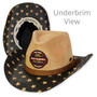 Composite view of a straw western hat showing a Guy Harvey patch, star-patterned underbrim, and textured tan woven crown.