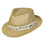 Three-quarter view of a natural straw fedora featuring a white floral print fabric band, creased crown, and brand logo.