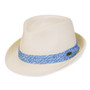 Three-quarter view of a cream braid fedora hat featuring a blue wave print fabric band and an oval logo.
