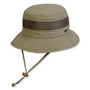 Three-quarter view of a khaki fabric boonie hat featuring a mesh ventilation band, adjustable chin cord, and metallic toggle.