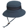 Three-quarter view of a navy blue fabric boonie hat featuring a mesh ventilation band, adjustable chin cord, and toggle.