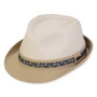 Three-quarter view of a white linen fedora featuring a tan band with a blue paisley inlay and oval metal logo.