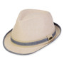 Three-quarter view of a tan linen fedora featuring a grey marl fabric band with a small oval metal logo.