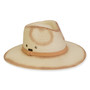 Three-quarter view of a cream straw fedora featuring a tan fabric band, side metal grommets, and burnished edge detailing.