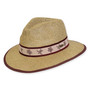 Three-quarter view of a natural straw fedora featuring a sea turtle embroidered band, maroon fabric-bound brim, and metallic side logo.