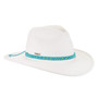 Blue Banded paper-braid safari hat tight woven texture rounded crown medium curved brim turquoise band metal buckle front three-quarter view