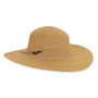 Front angled view of light brown woven floppy sun hat with wide brim, subtle side bow detail, and textured straw pattern providing UPF rated coverage.