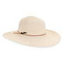 Wide-brim straw floppy hat, woven texture, floppy crown, adjustable leather chin strap with metal buckle, natural tan color, beach lifestyle