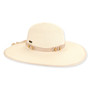 White wide-brim floppy hat, fine straw weave texture, floppy crown, stitched brim edge, adjustable inner band with metal slider, beachwear
