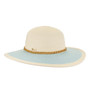 Front angled view of the Sun N Sand HH3441 women’s floppy hat in cream and light blue, featuring tan crown band and metallic side tag for sun protection