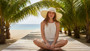 Lifestyle portrait of the Sun N Sand HH3443 Women’s Floppy Hat in cream-colored straw, featuring a wide, perforated brim and an adjustable interior band for UPF 50+ sun protection.