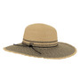 Wide brim straw sun hat in front view showing woven textures, tan crown stitching, dark patterned brim, black band bow, and metal tag.