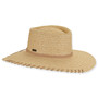 Front-angle woven beige gambler hat with wide curved brim, looped edge detailing, textured straw weave, and small metallic band emblem.