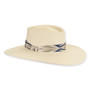Front view woven beige gambler hat with flat crown, wide brim, textured straw weave, patterned blue beige band, and subtle metallic accent.