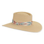 Front view woven beige straw gambler hat with wide brim, flat crown, textured weave, patterned multicolor band, and front knot detail.