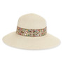 Front‑view beige woven bucket hat with wide brim, textured straw weave, vibrant embroidered floral band, sequins, and small metallic brand tag.