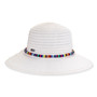 Front view white woven bucket hat with wide brim, textured straw weave, multicolor beaded band, rounded crown, and small metallic brand tag.