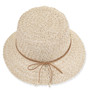 Woven straw bucket hat, textured cream fabric, brown tie accent, flat lay view, fashion accessory.