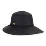 Front view black woven bucket hat with wide brim, ribbed straw texture, scattered gold embellishments, rounded crown, and small metallic brand tag.