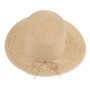 Woven straw sun hat with rounded crown, wide brim, decorative perforations, and simple bow tie accent. Isolated overhead view.