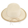 Front view beige woven tapered bucket hat with wide brim, textured straw crown, stitched blue white band, rounded shape, and small metallic tag