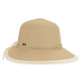 Front view beige woven tapered bucket hat with wide brim, braided light tone band, textured straw crown, and small metallic brand tag