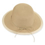 Front view beige woven tapered bucket hat with wide brim, braided light tone band, textured straw crown, and small metallic brand tag