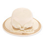Front view beige woven tapered bucket hat with wide brim, textured straw pattern, lacy open weave brim trim, band detail, and small metallic tag.