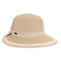 Front view beige woven tapered bucket hat with wide brim, textured straw pattern, lacy open weave brim trim, band detail, and small metallic tag.