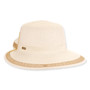 Front view beige woven tapered bucket hat with wide brim, textured straw pattern, lacy open weave brim trim, band detail, and small metallic tag.