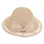 Front view beige woven tapered bucket hat with wide brim, textured straw pattern, lacy open weave brim trim, band detail, and small metallic tag.