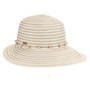 Front view beige woven tapered bucket hat with wide brim, horizontal striped texture, pearl accented band, rounded crown, and small metallic tag.