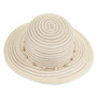 Front view beige woven tapered bucket hat with wide brim, horizontal striped texture, pearl accented band, rounded crown, and small metallic tag.